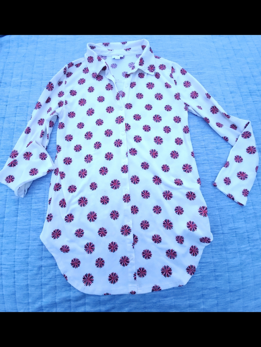 LuLaRoe White Button-Down Shirt with Red Starburst Print